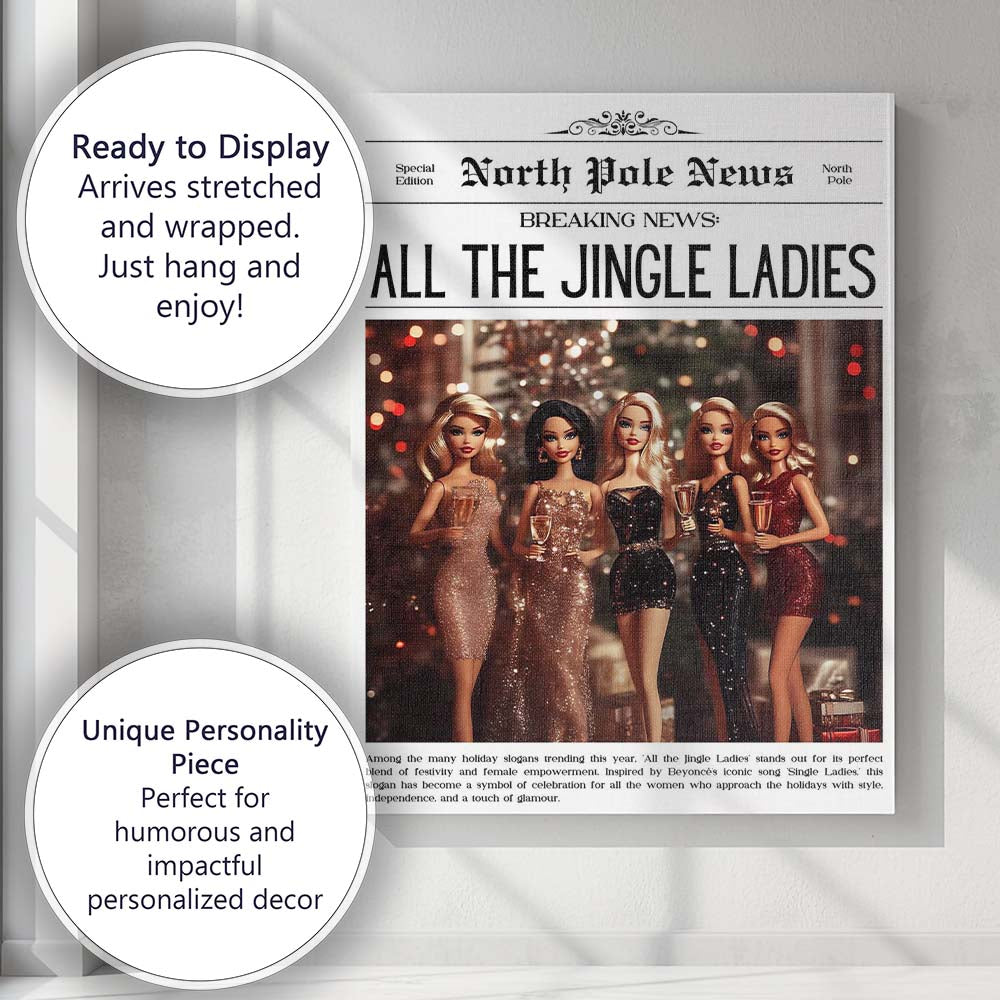 North Pole News All The Jingle Ladies Christmas Party Typography Canvas Wall Art Print Decor Picture Ready to Hang