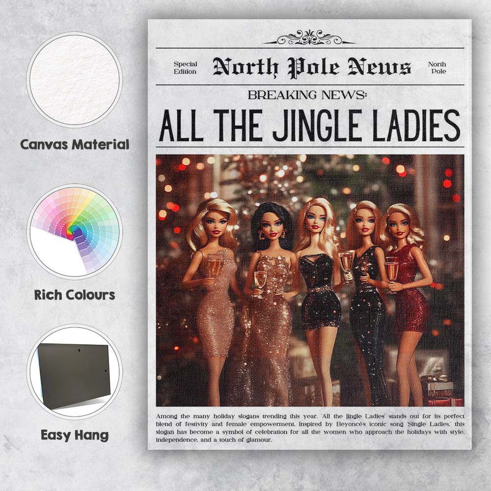 North Pole News All The Jingle Ladies Christmas Party Typography Canvas Wall Art Print Decor Picture Ready to Hang
