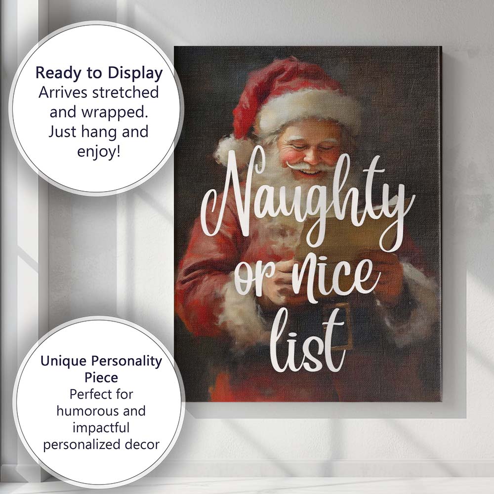 Naughty Or Nice List Smiling Santa Christmas Typography Canvas Wall Art Print Decor Picture Ready to Hang