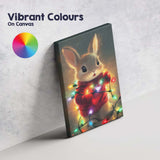 Cute Christmas Bunny Wrapped In Colourful Fairy Lights Illustration Canvas Wall Art Print Decor Picture Ready to Hang