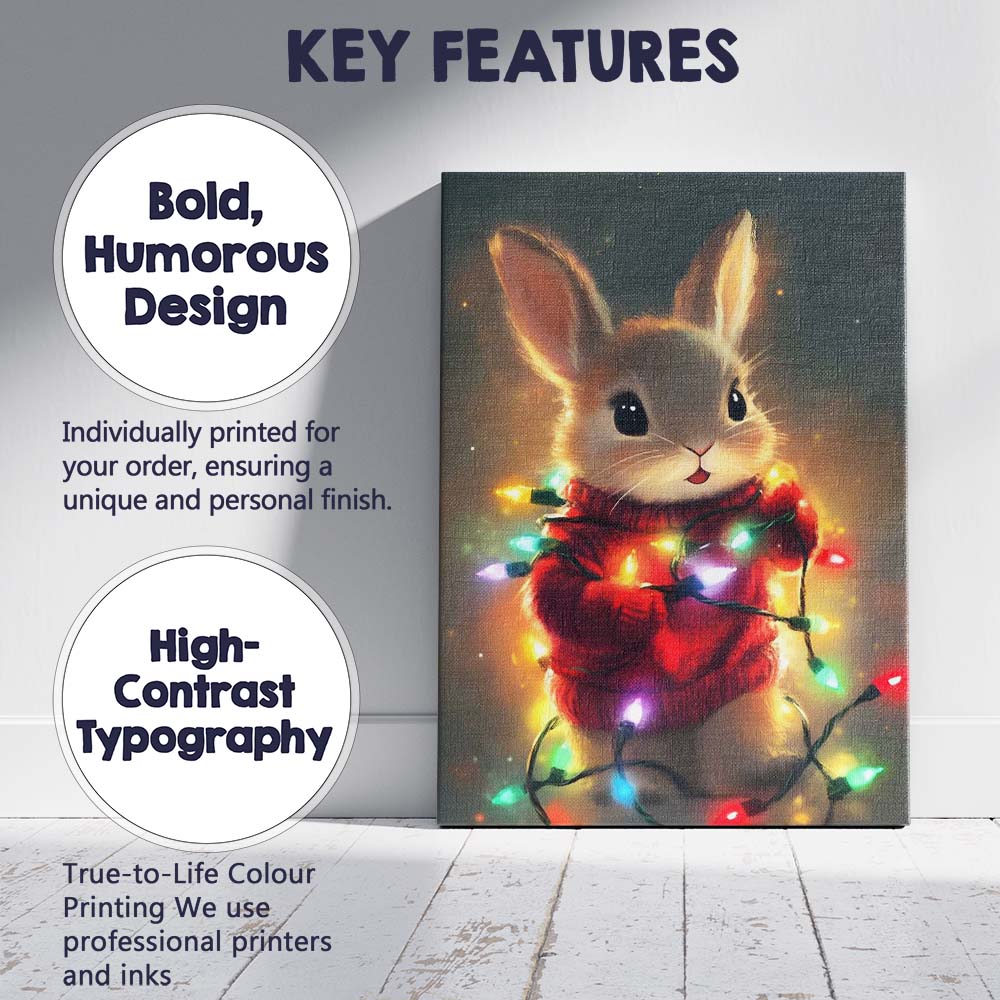 Cute Christmas Bunny Wrapped In Colourful Fairy Lights Illustration Canvas Wall Art Print Decor Picture Ready to Hang