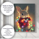 Cute Christmas Bunny Wrapped In Colourful Fairy Lights Illustration Canvas Wall Art Print Decor Picture Ready to Hang