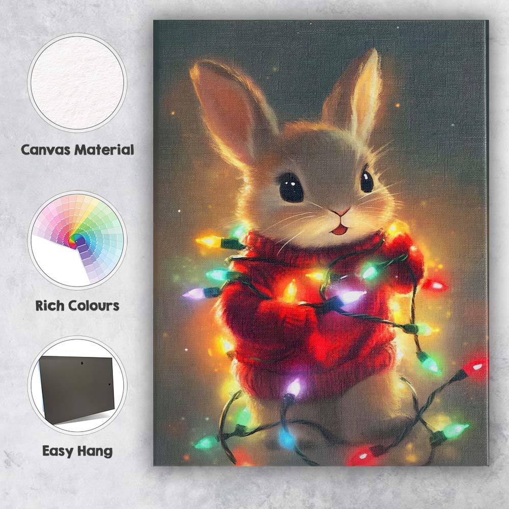 Cute Christmas Bunny Wrapped In Colourful Fairy Lights Illustration Canvas Wall Art Print Decor Picture Ready to Hang