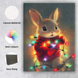 Cute Christmas Bunny Wrapped In Colourful Fairy Lights Illustration Canvas Wall Art Print Decor Picture Ready to Hang