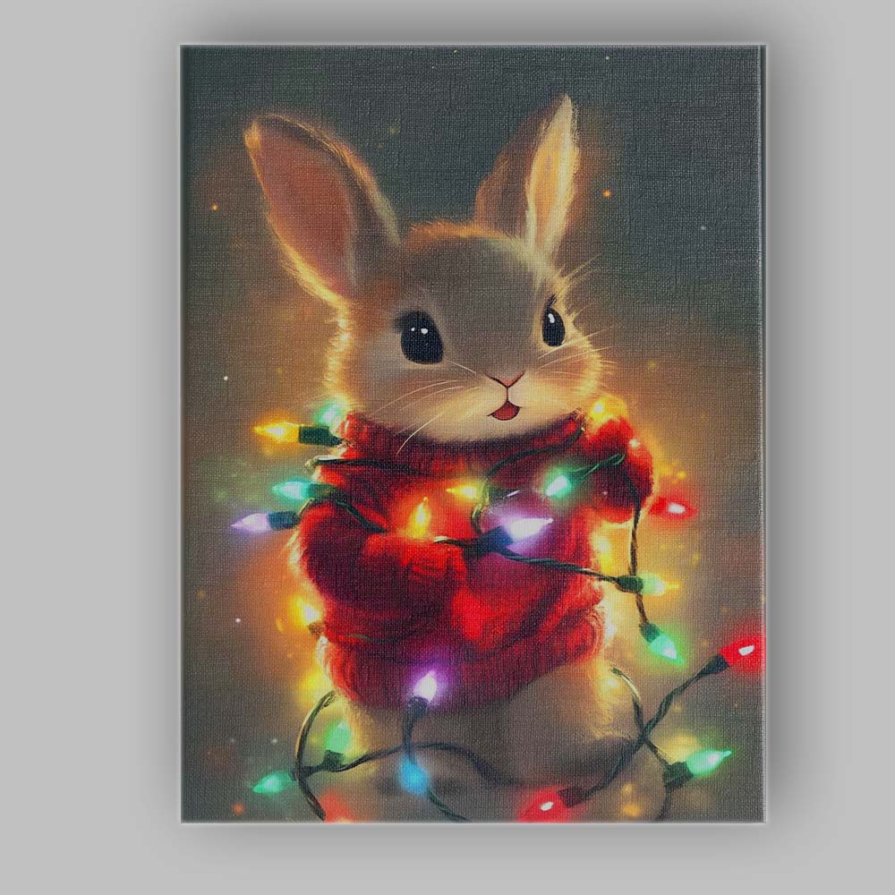Cute Christmas Bunny Wrapped In Colourful Fairy Lights Illustration Canvas Wall Art Print Decor Picture Ready to Hang