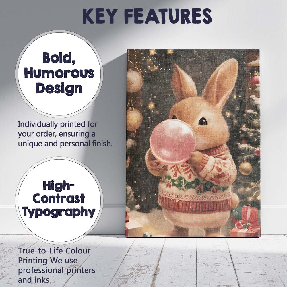 Cute Christmas Bunny Blowing Pink Bubblegum Festive Holiday Illustration Canvas Wall Art Print Decor Picture Ready to Hang