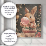 Cute Christmas Bunny Blowing Pink Bubblegum Festive Holiday Illustration Canvas Wall Art Print Decor Picture Ready to Hang