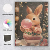 Cute Christmas Bunny Blowing Pink Bubblegum Festive Holiday Illustration Canvas Wall Art Print Decor Picture Ready to Hang