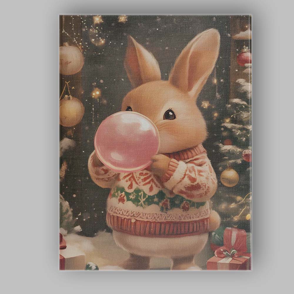 Cute Christmas Bunny Blowing Pink Bubblegum Festive Holiday Illustration Canvas Wall Art Print Decor Picture Ready to Hang