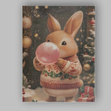 Cute Christmas Bunny Blowing Pink Bubblegum Festive Holiday Illustration Canvas Wall Art Print Decor Picture Ready to Hang