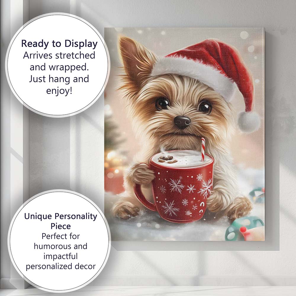 Cute Yorkshire Terrier Santa Hat Hot Chocolate Christmas Illustration Canvas Wall Art Print Decor Picture Ready to Hang