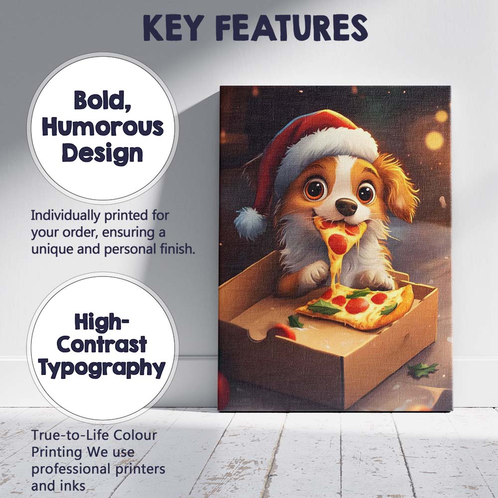 Cute Christmas Puppy Eating Pepperoni Pizza Santa Hat Illustration Canvas Wall Art Print Decor Picture Ready to Hang