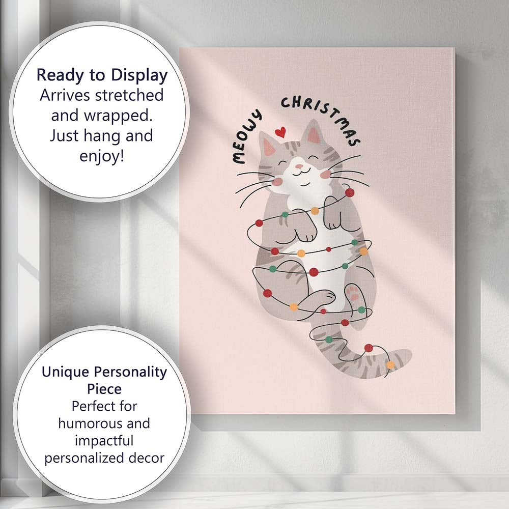 Cute Meowy Christmas Cat Wrapped In Festive Fairy Lights Illustration Canvas Wall Art Print Decor Picture Ready to Hang