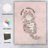 Cute Meowy Christmas Cat Wrapped In Festive Fairy Lights Illustration Canvas Wall Art Print Decor Picture Ready to Hang