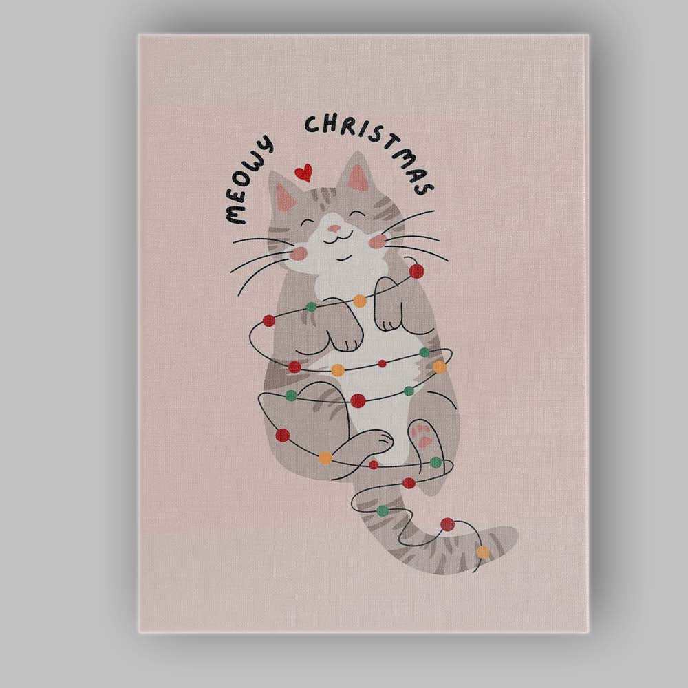 Cute Meowy Christmas Cat Wrapped In Festive Fairy Lights Illustration Canvas Wall Art Print Decor Picture Ready to Hang