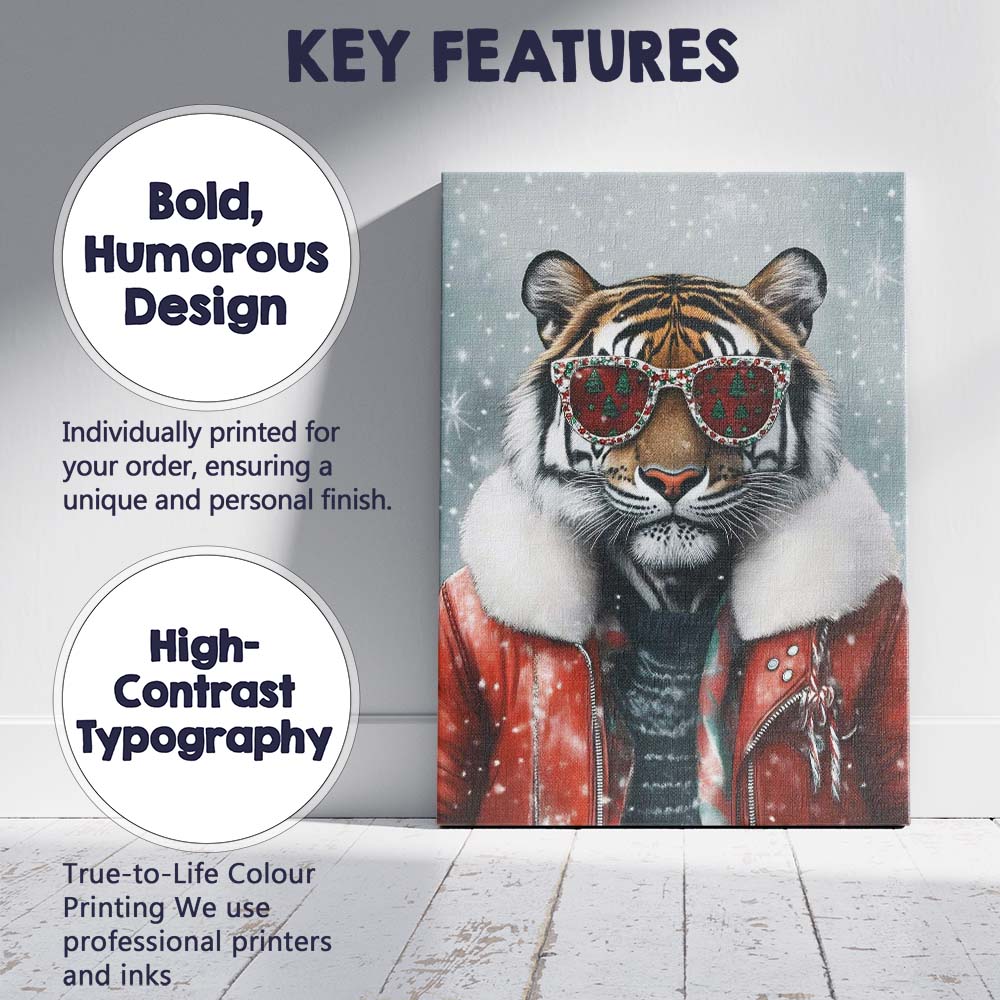 Stylish Christmas Tiger Wearing Festive Sunglasses Winter Portrait Canvas Wall Art Print Decor Picture Ready to Hang