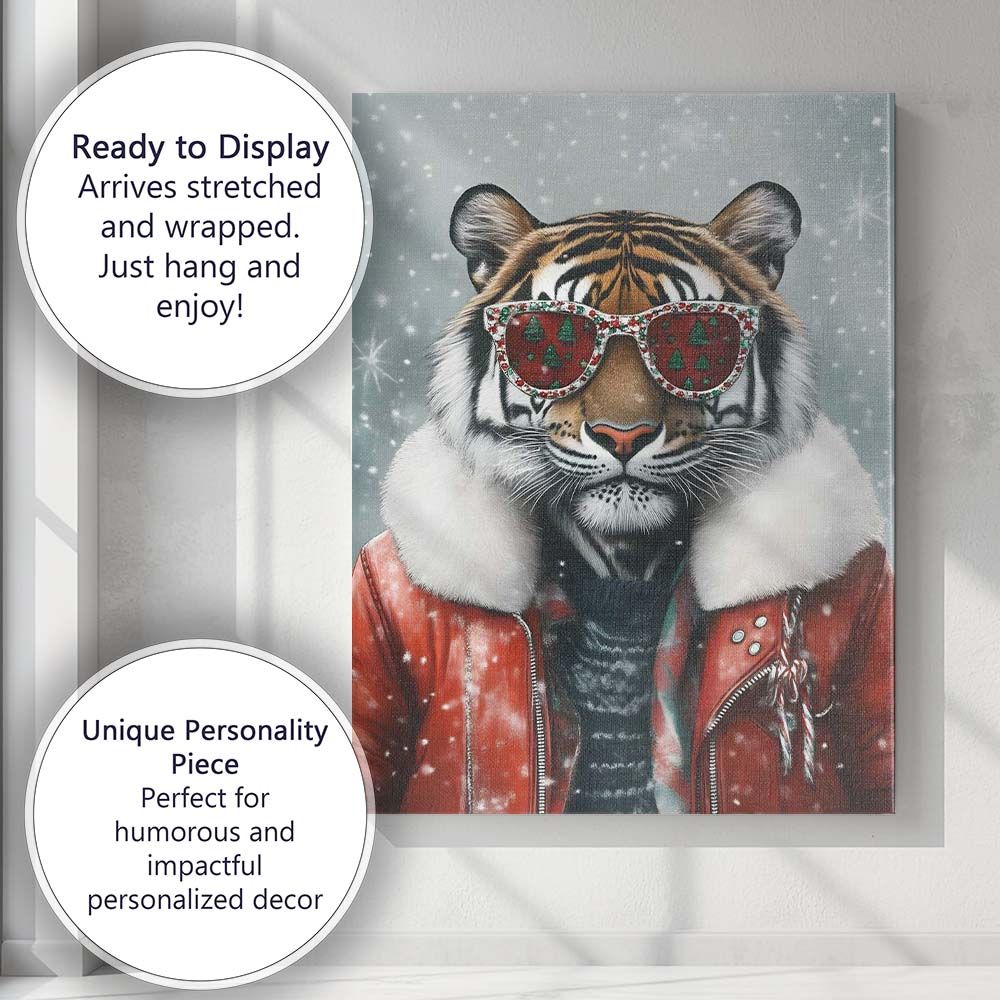 Stylish Christmas Tiger Wearing Festive Sunglasses Winter Portrait Canvas Wall Art Print Decor Picture Ready to Hang