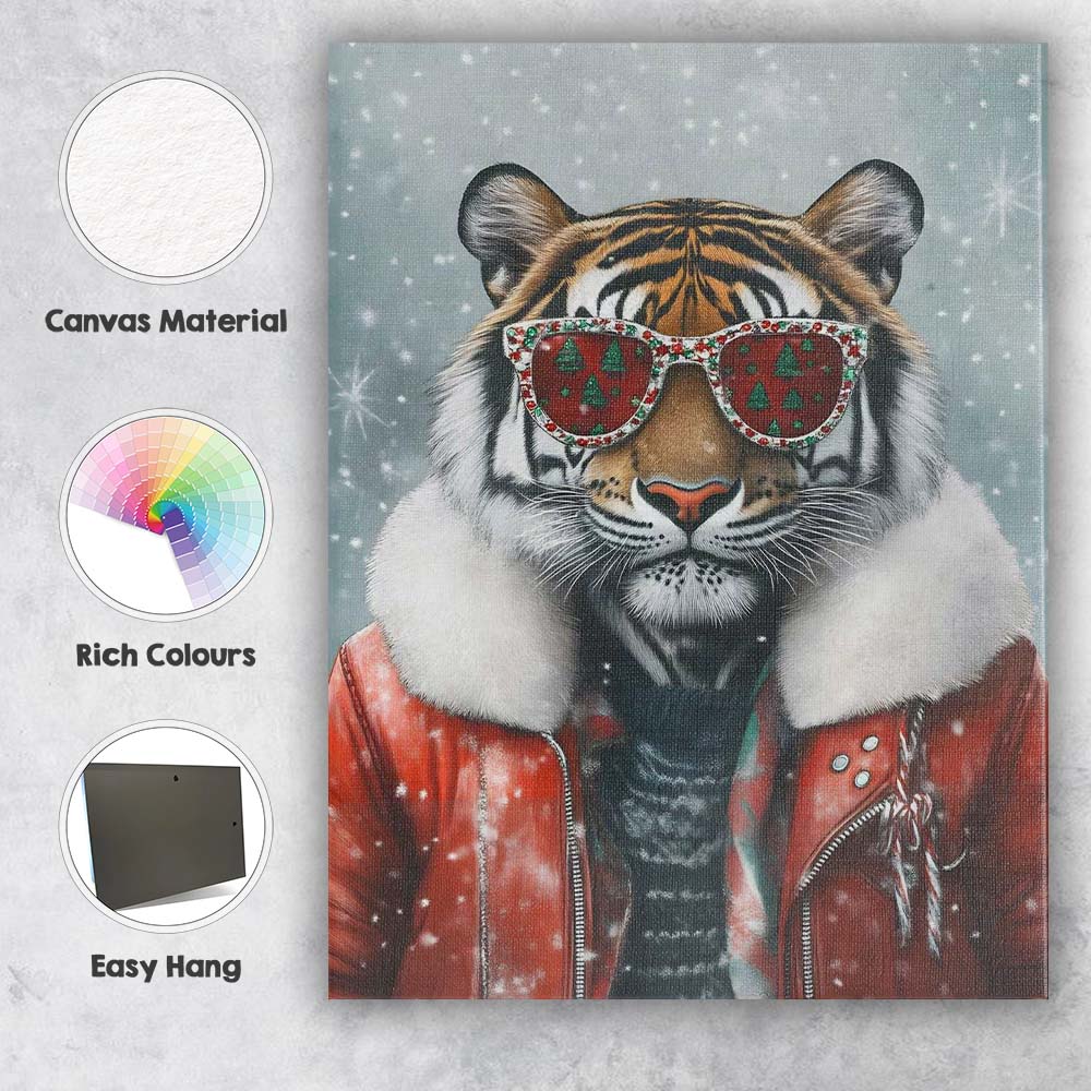 Stylish Christmas Tiger Wearing Festive Sunglasses Winter Portrait Canvas Wall Art Print Decor Picture Ready to Hang