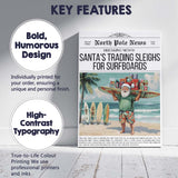 North Pole News Santas Trading Sleighs For Surfboards Funny Christmas Newspaper Canvas Wall Art Print Decor Picture Ready to Hang