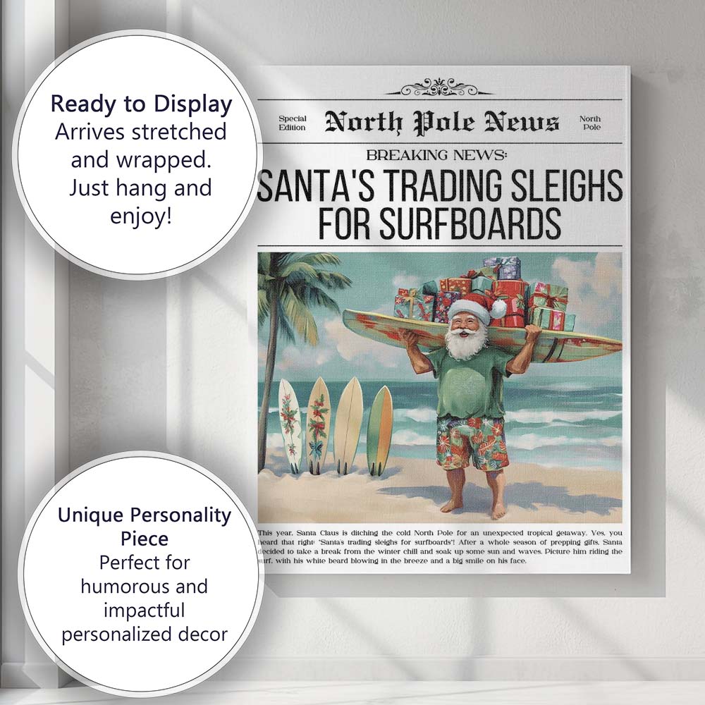 North Pole News Santas Trading Sleighs For Surfboards Funny Christmas Newspaper Canvas Wall Art Print Decor Picture Ready to Hang