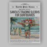 North Pole News Santas Trading Sleighs For Surfboards Funny Christmas Newspaper Canvas Wall Art Print Decor Picture Ready to Hang