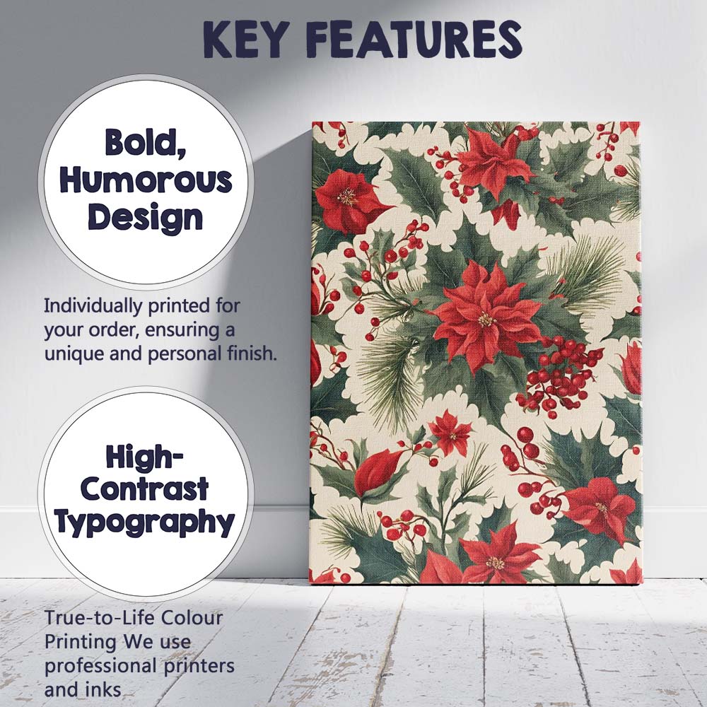 Red Poinsettia Holly Pine Branch Christmas Botanical Pattern Canvas Wall Art Print Decor Picture Ready to Hang