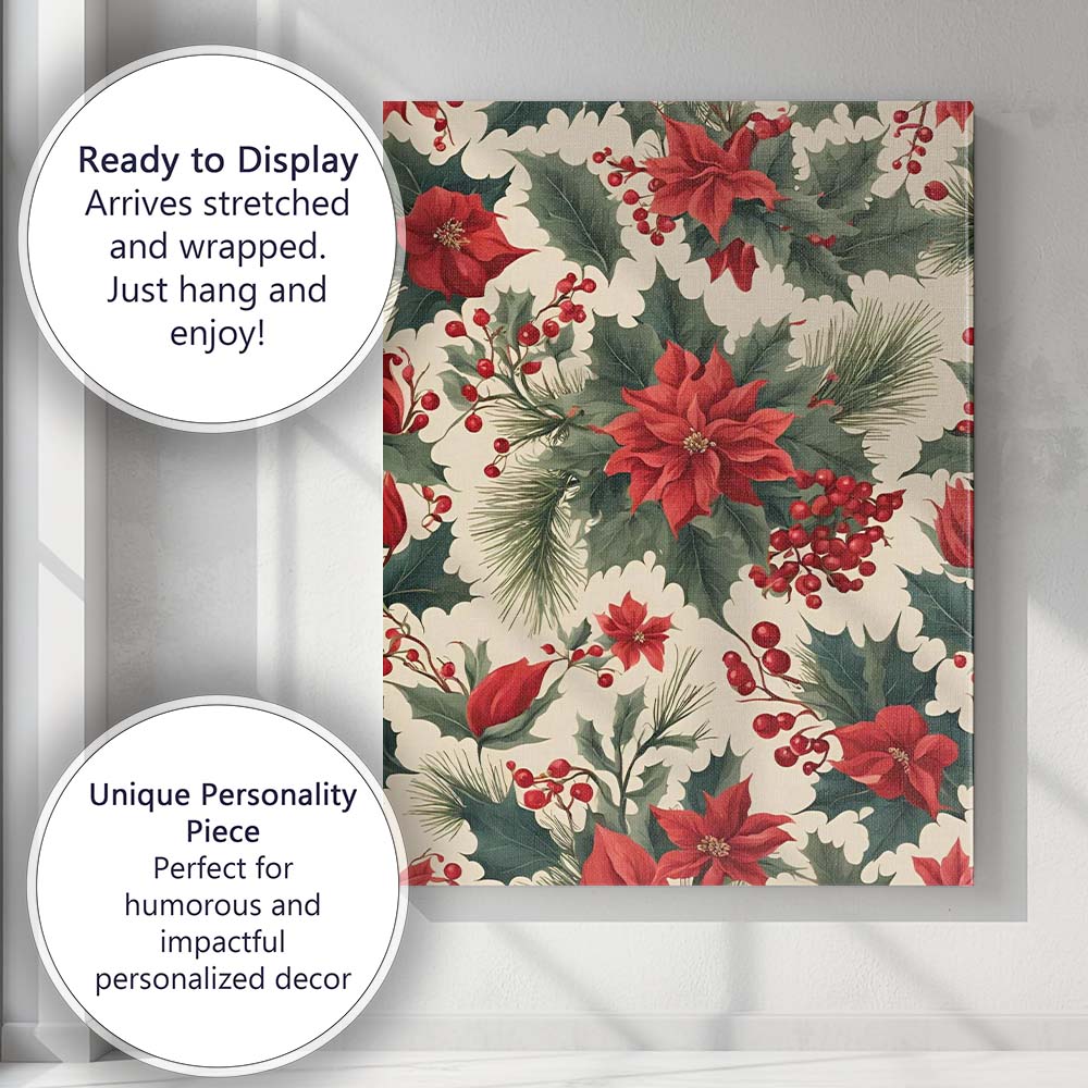 Red Poinsettia Holly Pine Branch Christmas Botanical Pattern Canvas Wall Art Print Decor Picture Ready to Hang
