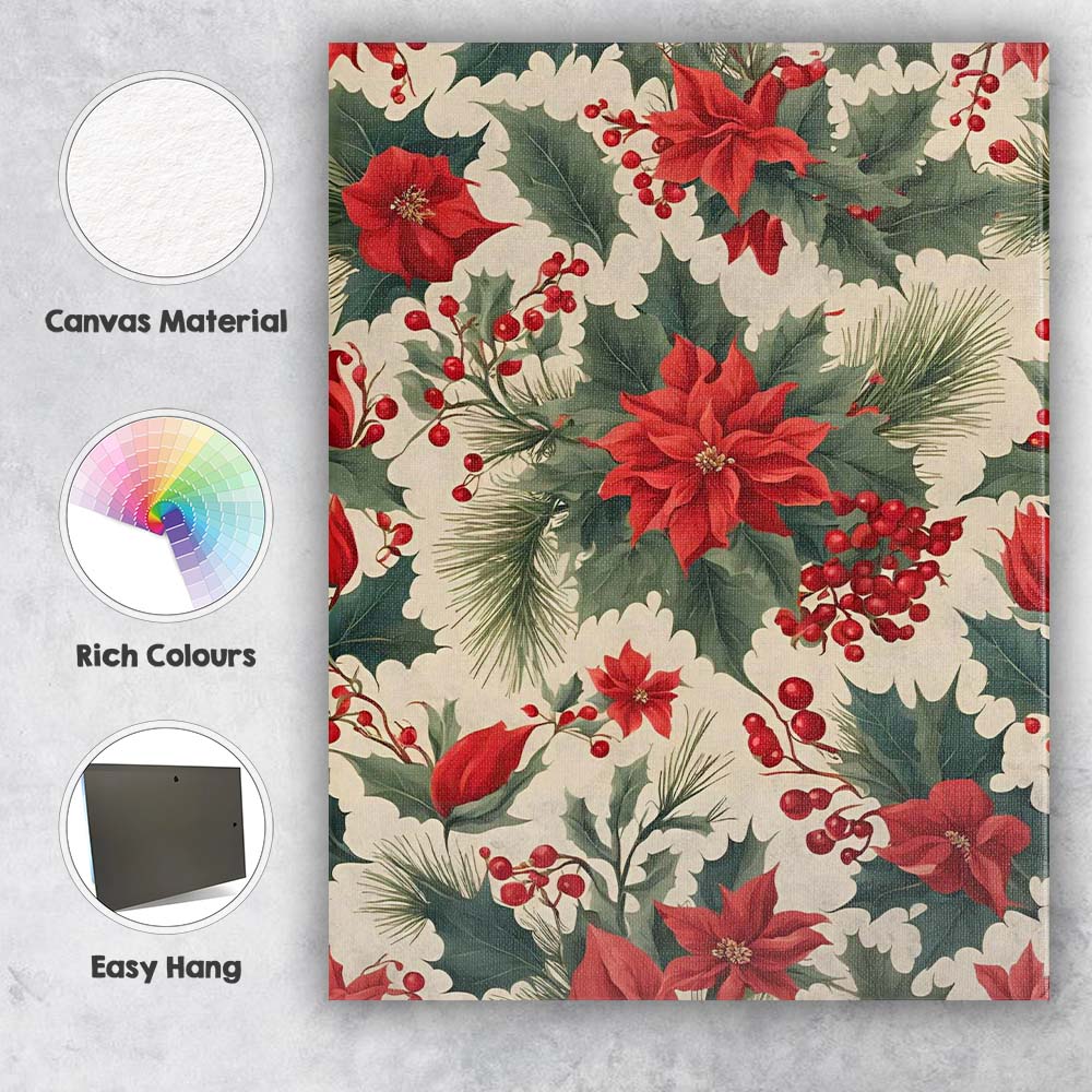 Red Poinsettia Holly Pine Branch Christmas Botanical Pattern Canvas Wall Art Print Decor Picture Ready to Hang