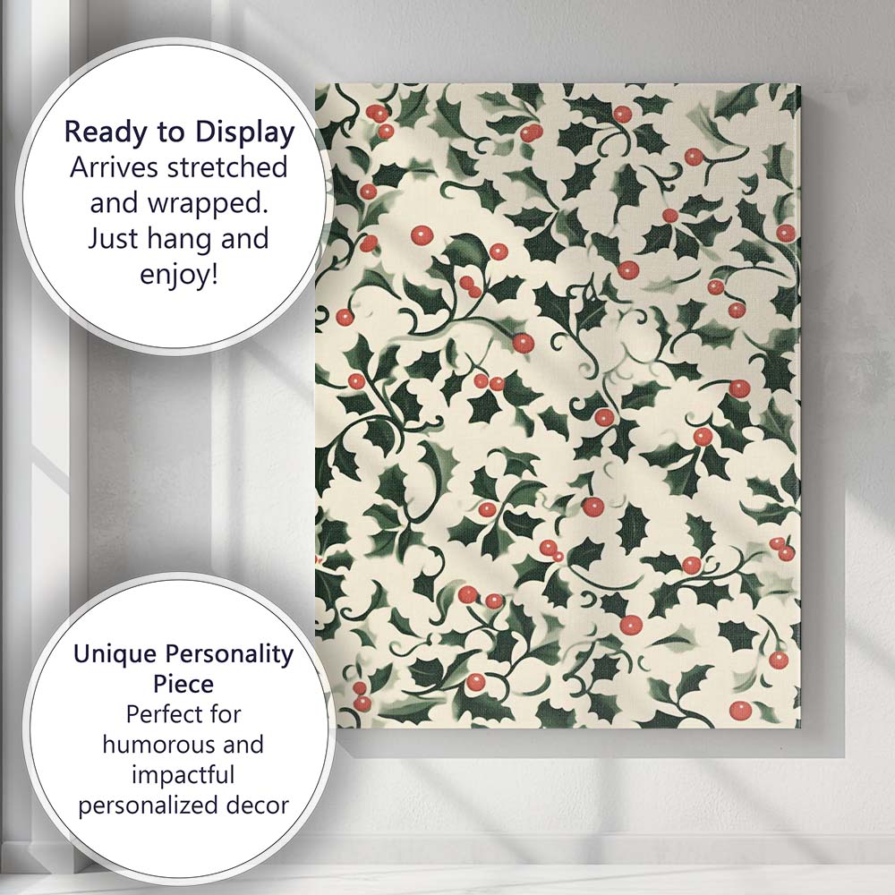 Classic Green Holly Leaves Red Berry Christmas Repeat Pattern Canvas Wall Art Print Decor Picture Ready to Hang