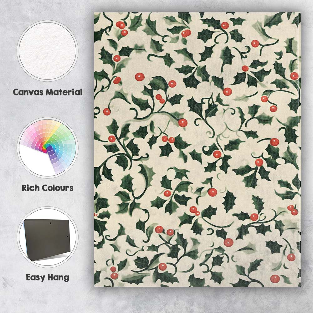 Classic Green Holly Leaves Red Berry Christmas Repeat Pattern Canvas Wall Art Print Decor Picture Ready to Hang