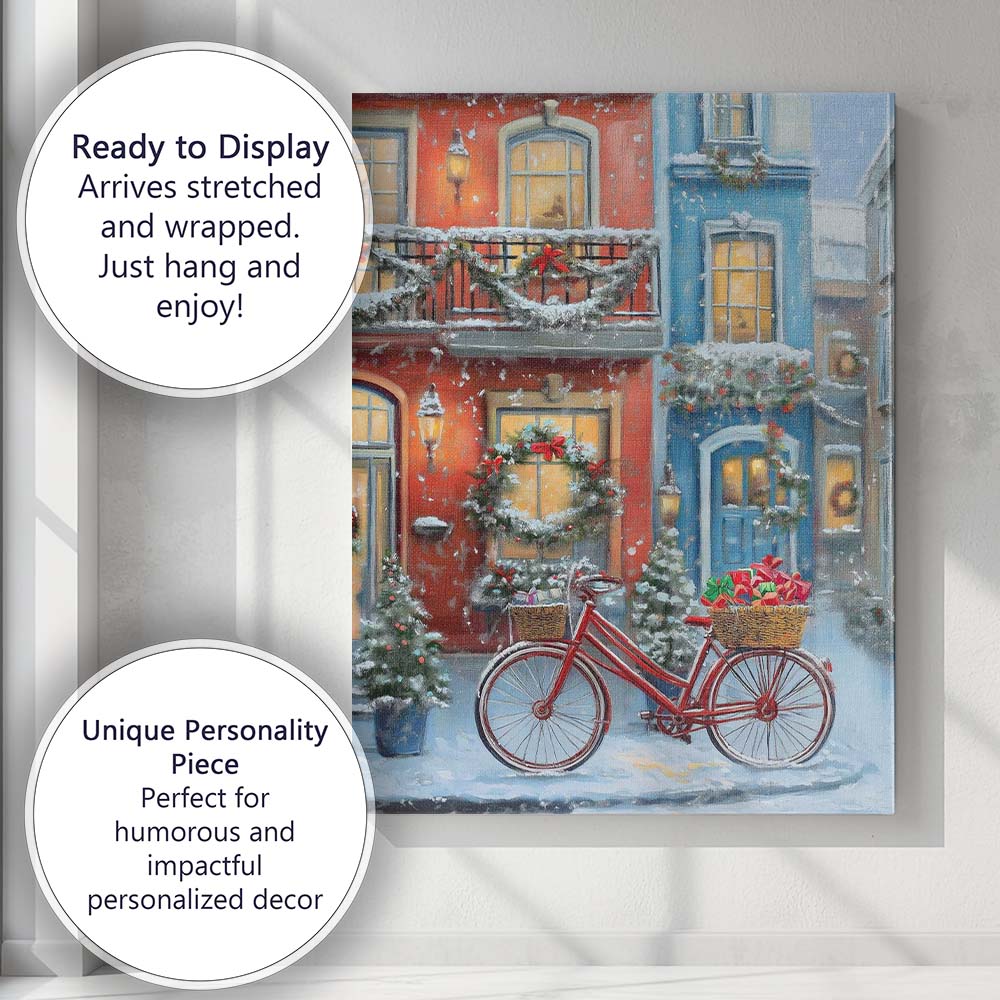 Snowy Christmas Street Red Bicycle Gift Basket Winter Village Canvas Wall Art Print Decor Picture Ready to Hang