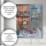 Snowy Christmas Street Red Bicycle Gift Basket Winter Village Canvas Wall Art Print Decor Picture Ready to Hang