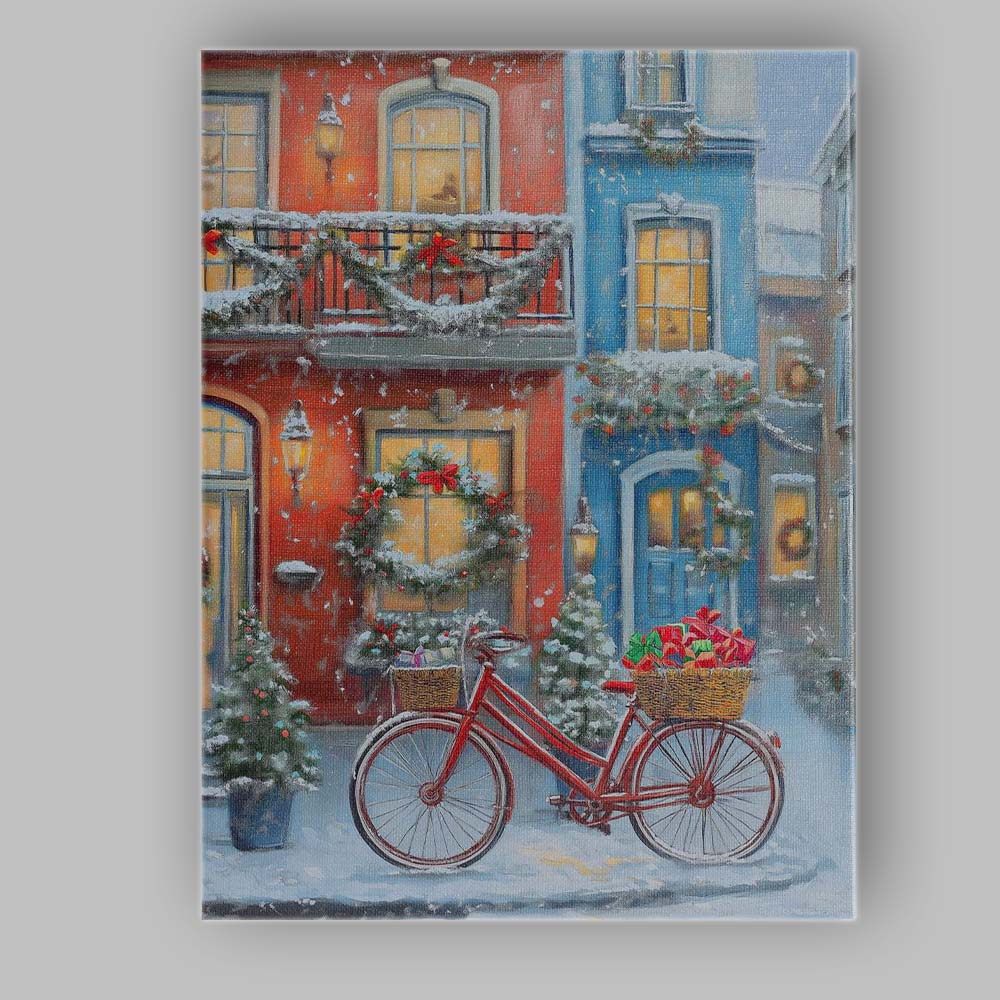 Snowy Christmas Street Red Bicycle Gift Basket Winter Village Canvas Wall Art Print Decor Picture Ready to Hang