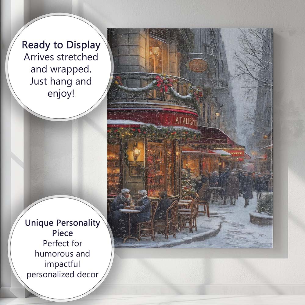 Cosy Paris Christmas Cafe Snowy Winter Street Scene Canvas Wall Art Print Decor Picture Ready to Hang