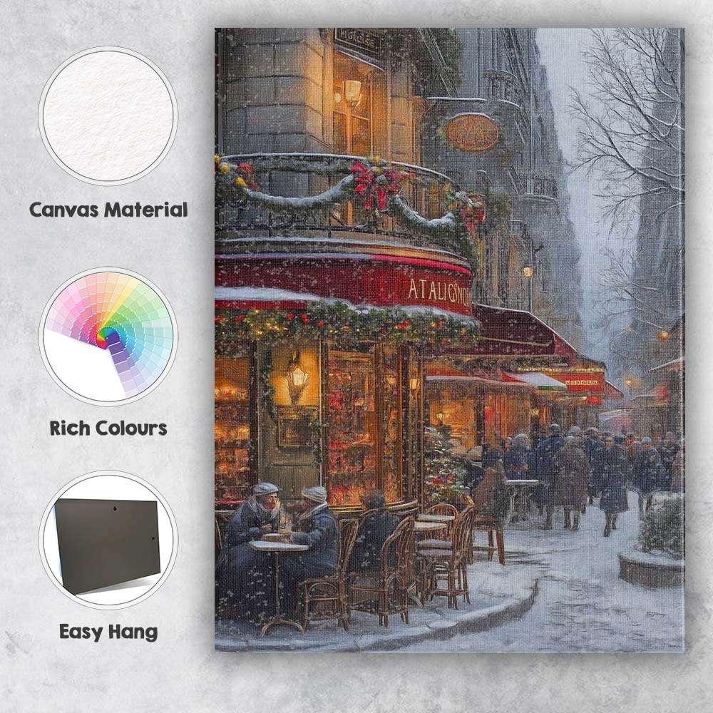 Cosy Paris Christmas Cafe Snowy Winter Street Scene Canvas Wall Art Print Decor Picture Ready to Hang