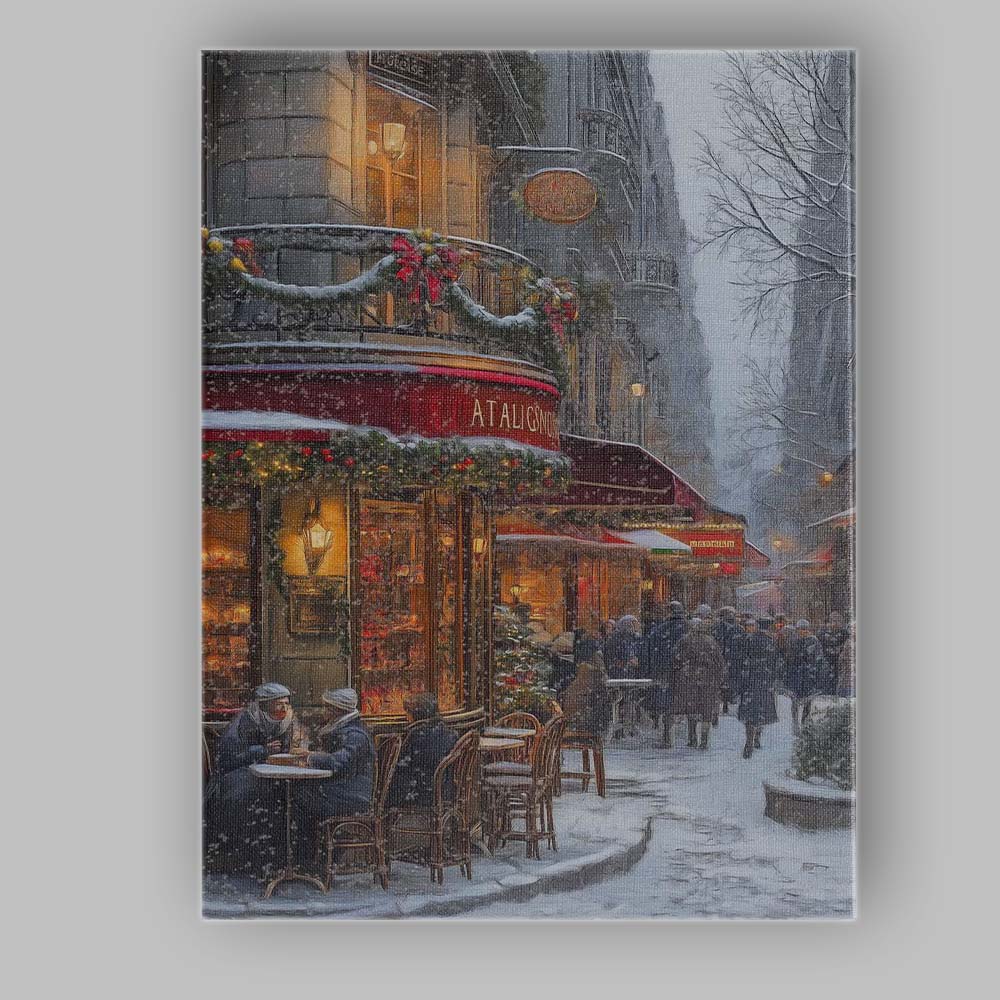 Cosy Paris Christmas Cafe Snowy Winter Street Scene Canvas Wall Art Print Decor Picture Ready to Hang