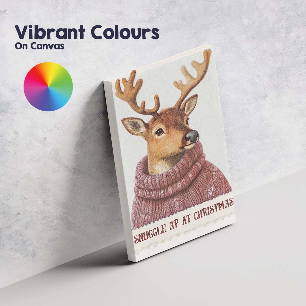 Cute Reindeer Wearing Mauve Knitted Winter Jumper Christmas Animal Illustration Canvas Wall Art Print Decor Picture Ready to Hang