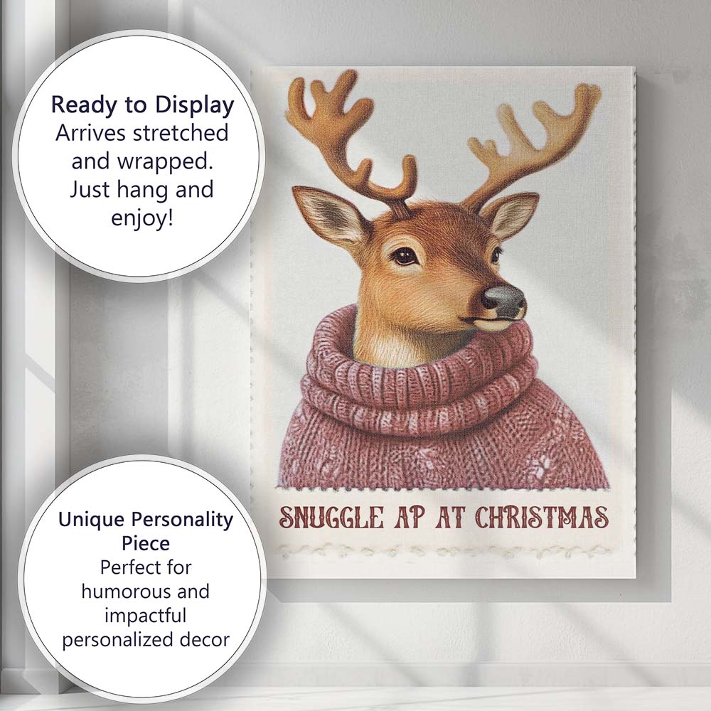 Cute Reindeer Wearing Mauve Knitted Winter Jumper Christmas Animal Illustration Canvas Wall Art Print Decor Picture Ready to Hang