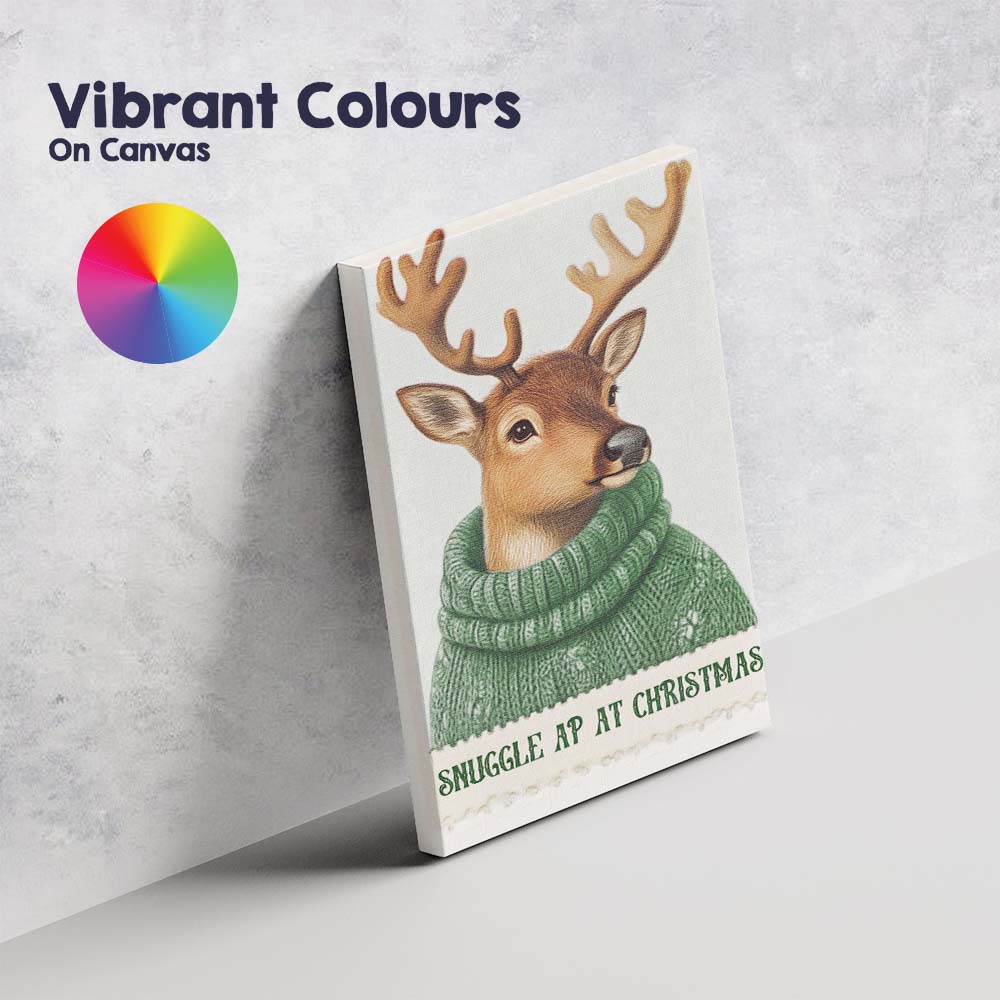 Cute Reindeer Wearing Green Knitted Winter Jumper Christmas Animal Illustration Canvas Wall Art Print Decor Picture Ready to Hang