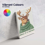 Cute Reindeer Wearing Green Knitted Winter Jumper Christmas Animal Illustration Canvas Wall Art Print Decor Picture Ready to Hang