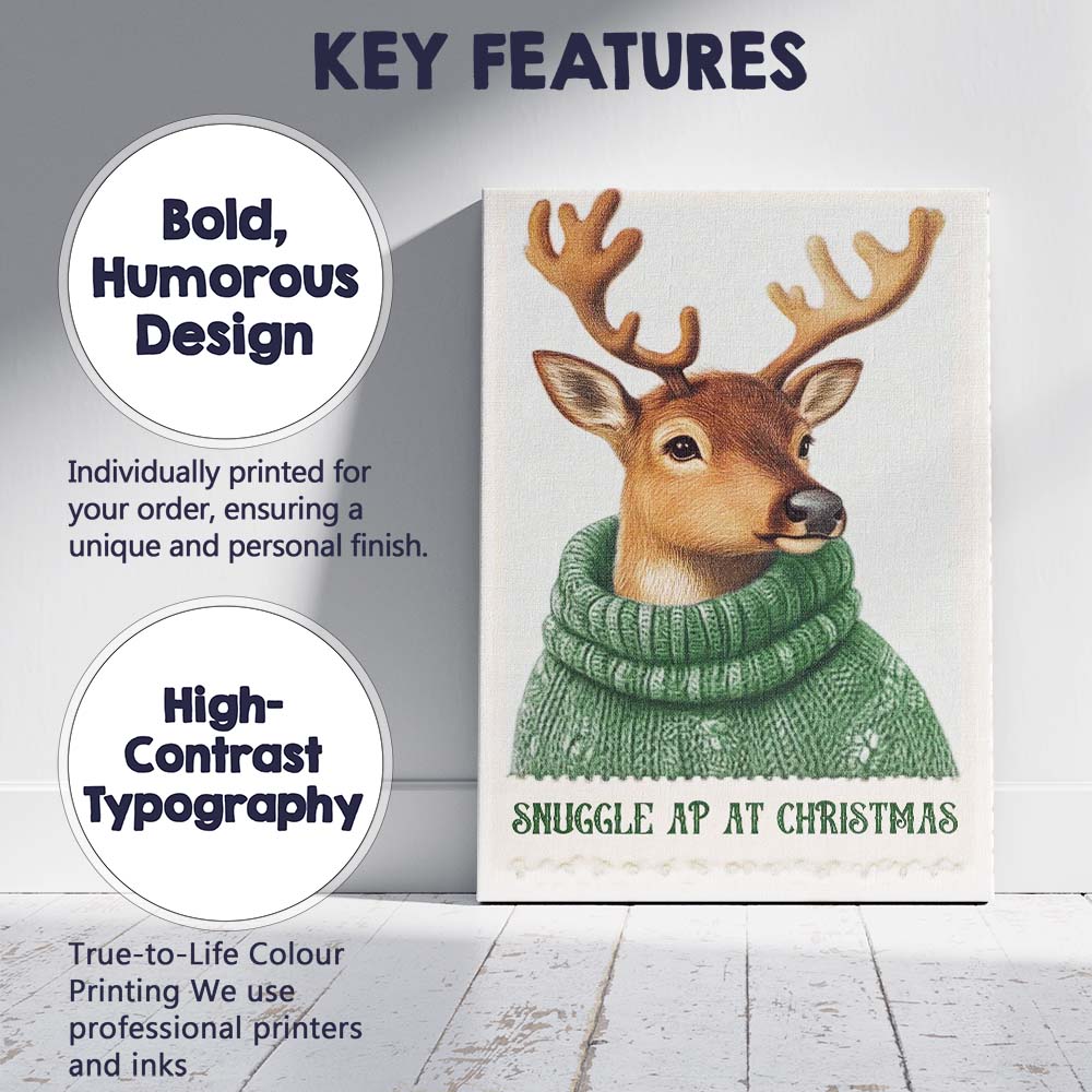 Cute Reindeer Wearing Green Knitted Winter Jumper Christmas Animal Illustration Canvas Wall Art Print Decor Picture Ready to Hang