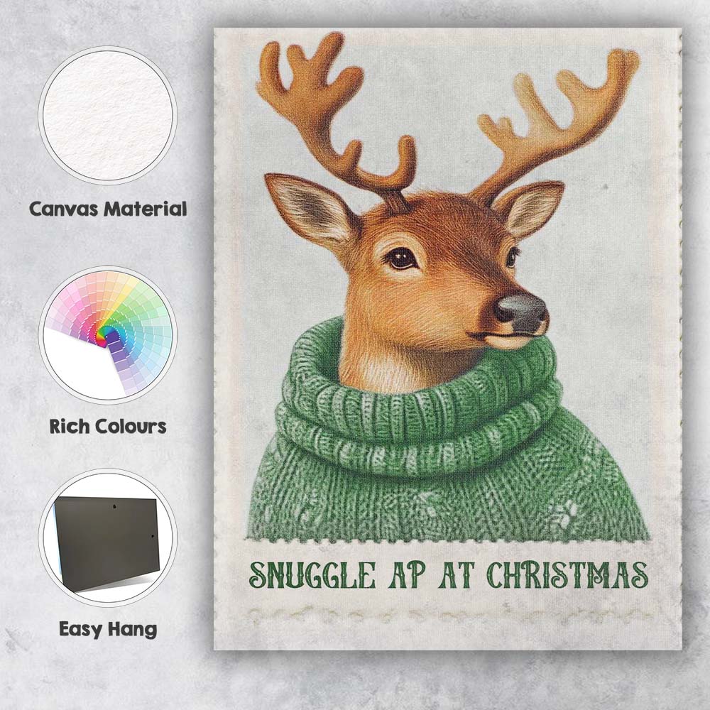 Cute Reindeer Wearing Green Knitted Winter Jumper Christmas Animal Illustration Canvas Wall Art Print Decor Picture Ready to Hang
