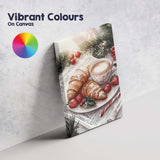 Festive Croissants Coffee Holly Berry Christmas Breakfast Watercolour Canvas Wall Art Print Decor Picture Ready to Hang