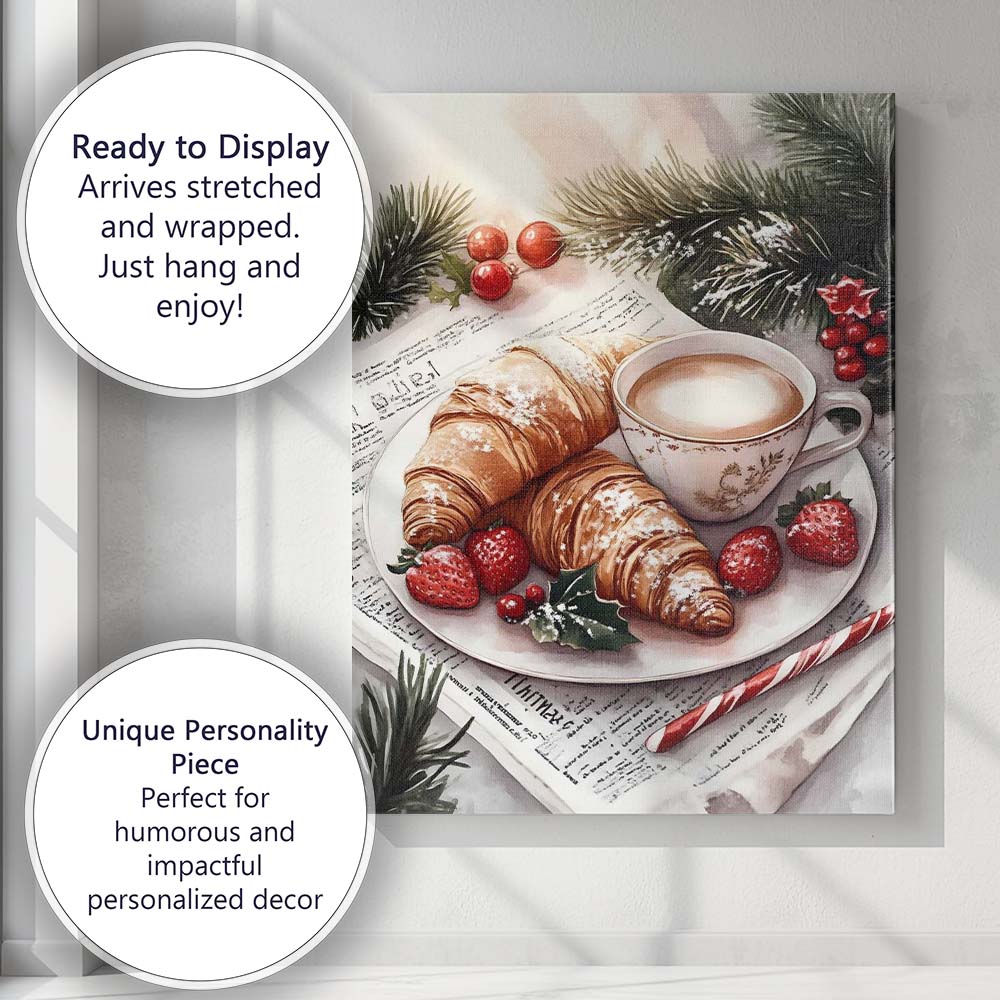 Festive Croissants Coffee Holly Berry Christmas Breakfast Watercolour Canvas Wall Art Print Decor Picture Ready to Hang