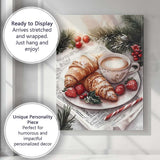 Festive Croissants Coffee Holly Berry Christmas Breakfast Watercolour Canvas Wall Art Print Decor Picture Ready to Hang