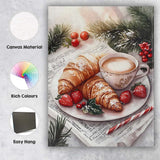 Festive Croissants Coffee Holly Berry Christmas Breakfast Watercolour Canvas Wall Art Print Decor Picture Ready to Hang