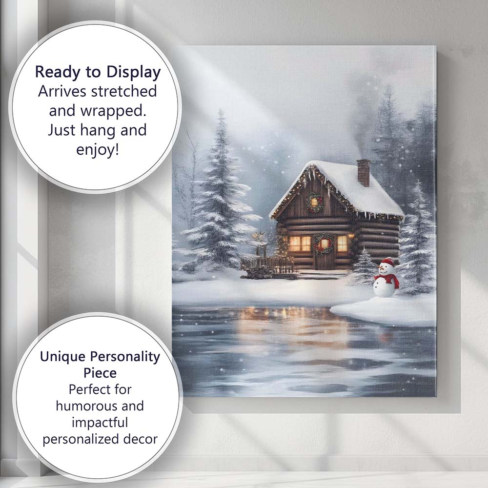 Cosy Snow Covered Log Cabin Winter Forest Snowman Landscape Canvas Wall Art Print Decor Picture Ready to Hang