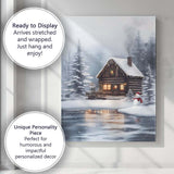 Cosy Snow Covered Log Cabin Winter Forest Snowman Landscape Canvas Wall Art Print Decor Picture Ready to Hang
