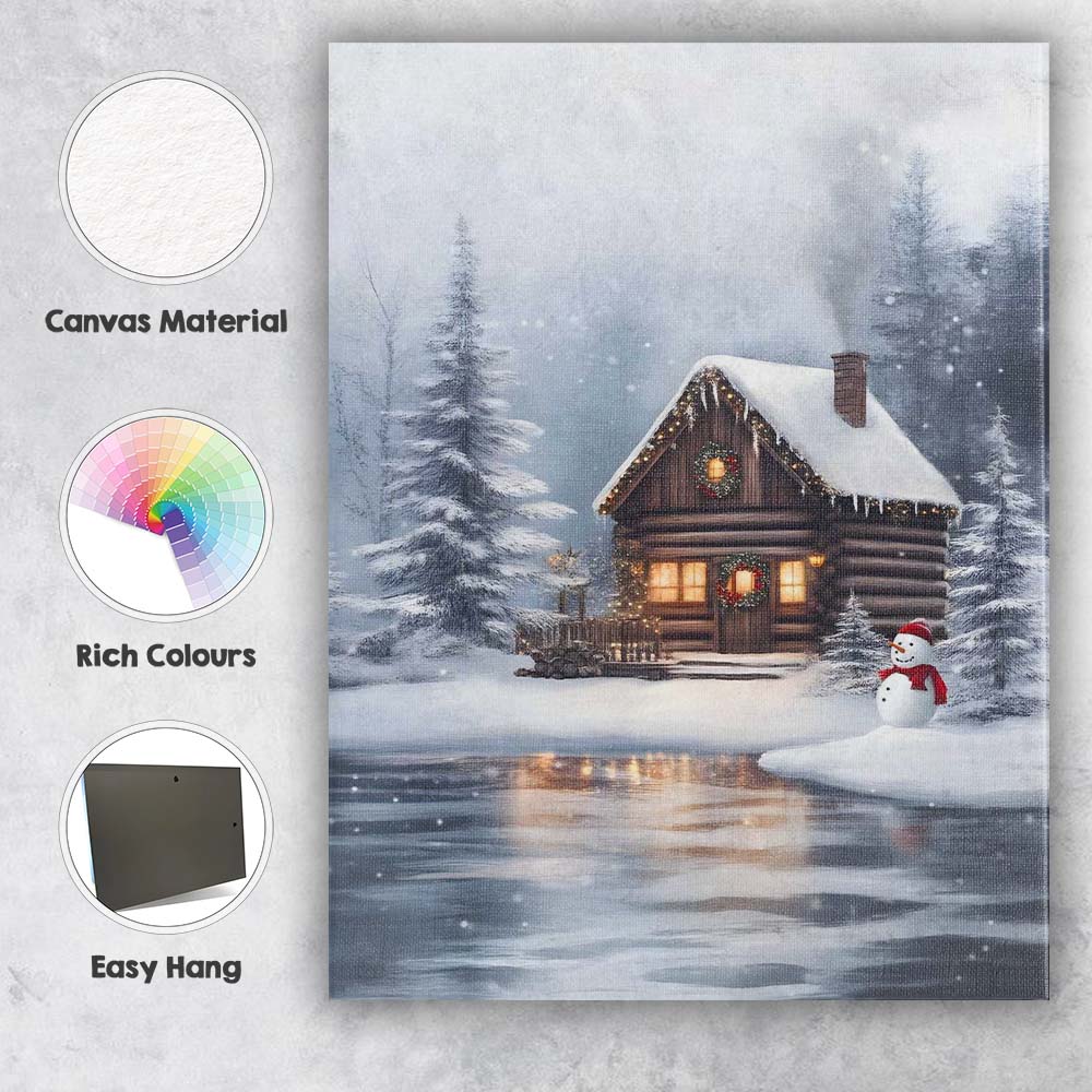 Cosy Snow Covered Log Cabin Winter Forest Snowman Landscape Canvas Wall Art Print Decor Picture Ready to Hang