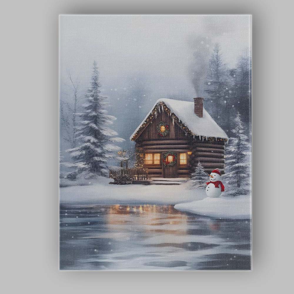 Cosy Snow Covered Log Cabin Winter Forest Snowman Landscape Canvas Wall Art Print Decor Picture Ready to Hang